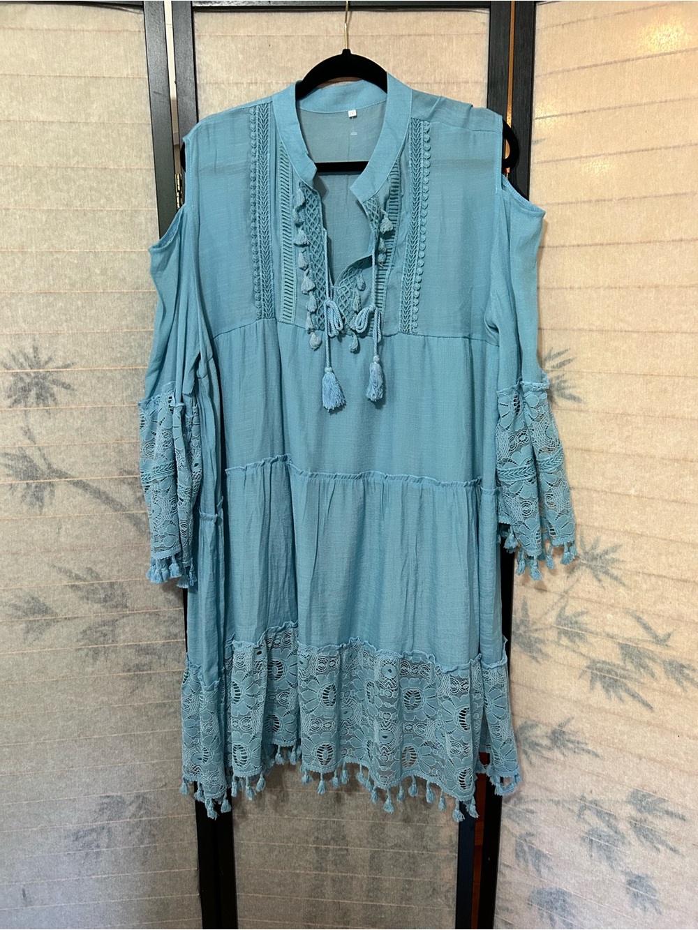 Women Blue Dress Long Sleeves Lace Tiered Style Loose Sz 2X Boho Cold Shoulder